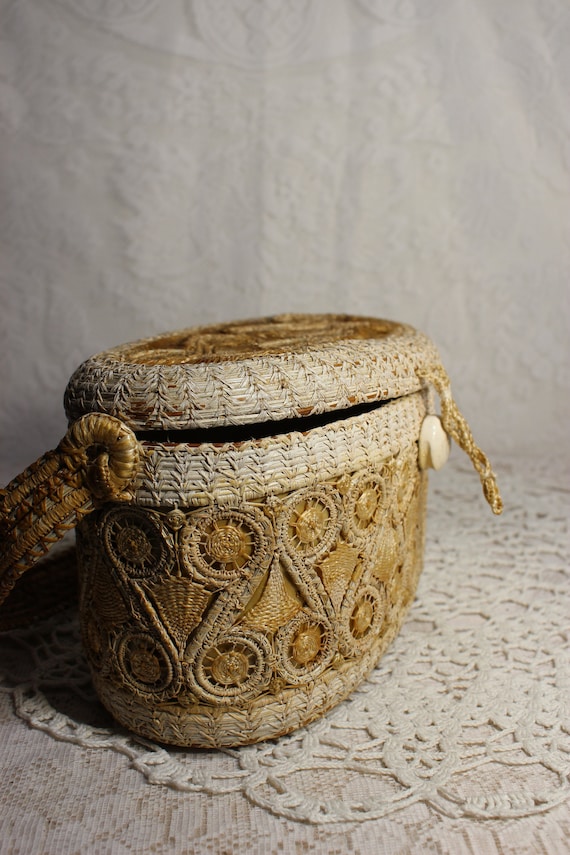 Antique Crocheted Raffia Stiff Box Handbag, Twisted N… Gem