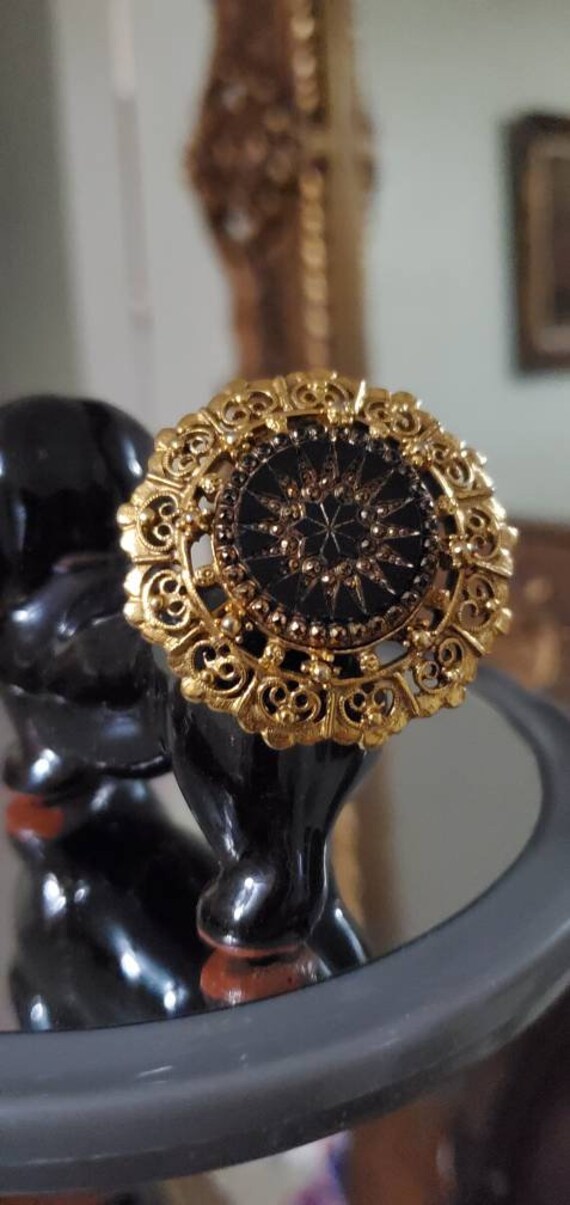 Golden Feligree Round Pin Brooch, Black Star Cent… - image 3