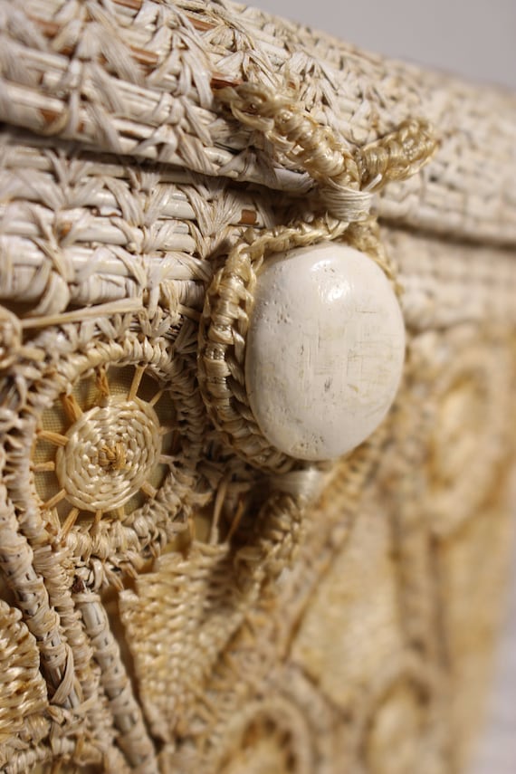 Antique Crocheted Raffia Stiff Box Handbag, Twisted N… Gem