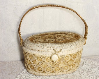 Antique Crocheted Raffia Stiff Box Handbag, Twisted Natural and Lacquered Straw Purse, RARE Wood Bottom