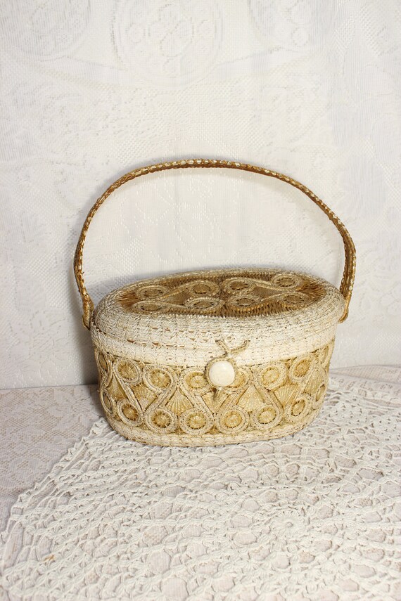 Antique Crocheted Raffia Stiff Box Handbag, Twisted N… Gem