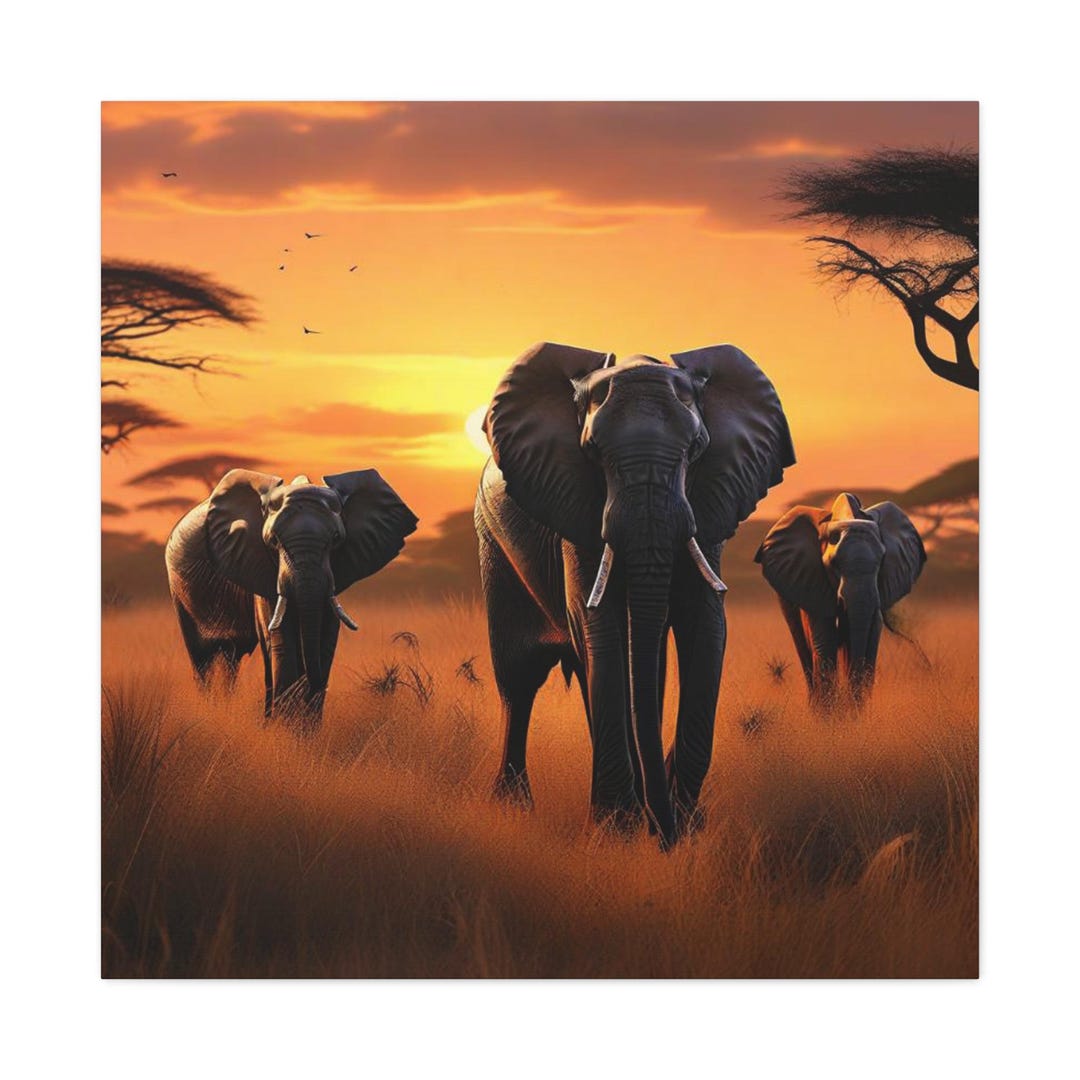 African Elephant Sunset Canvas Wall Art - Safari Wildlife Print for ...