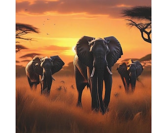 May include: Three elephants walk through tall grass in a savanna at sunset. The largest elephant is in the foreground, with two smaller elephants behind it. The sky is a vibrant orange and yellow, with a few clouds.