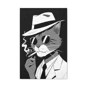 Coole kat rokende sigaar canvas muurkunst - retro gangsterkat in pak met hoed en tinten - grappige cartoonkunstwerken voor interieur
