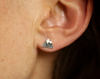 925 silver earrings, minimalist mountain with snow-capped top, suitable for adults and children, unisex