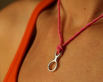 Eight necklace, 925 silver climbing descender, adjustable size with sliding knot, 2mm cord with several color choices