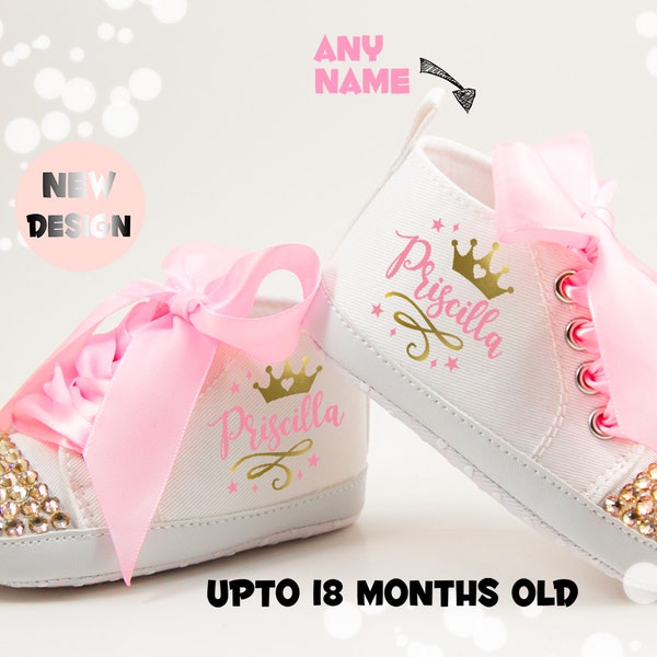 Princess Crown First Birthday Shoes, Gold and Pink Baby Girl Shoes