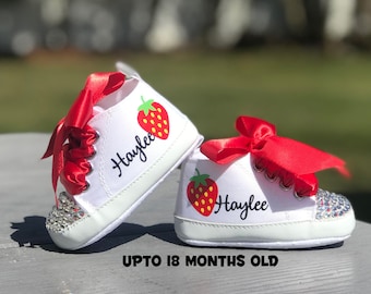 Red and Pink Strawberry Baby Shoes, Personalized Berry First Birthday Girl Outfit, Red Ribbon Sneakers for Newborn to 1 year old