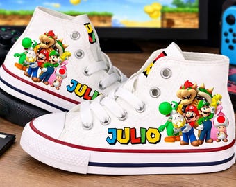 Custom Super Mario Converse, Personalized Gamer Birthday Shoes, Baby Toddler High Top Sneakers with Name