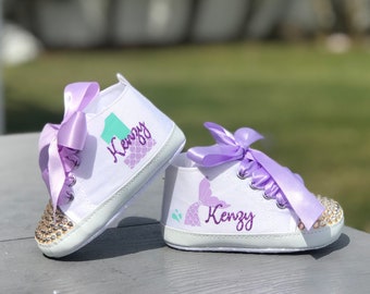 Mermaid Baby Girl Shoes, Up To 18 Months Old, Gold and Purple First Birthday Shoes