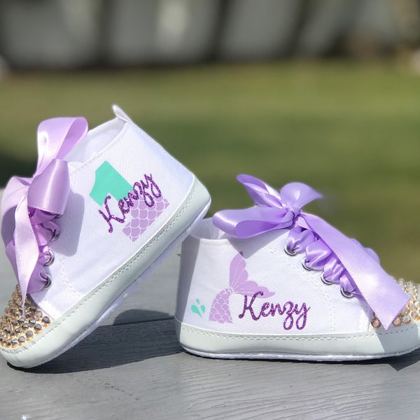 Mermaid Baby Girl Shoes, Up To 18 Months Old, Gold and Purple First Birthday Shoes