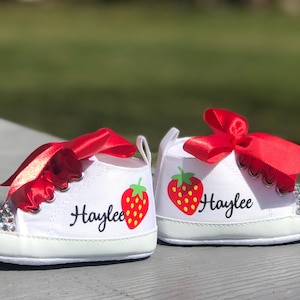 Strawberry First Birthday Shoes, Berry Baby Shoes, Red or Pink Strawberry Birthday, Strawberry 1st Birthday Outfit, Sweet Birthday image 2