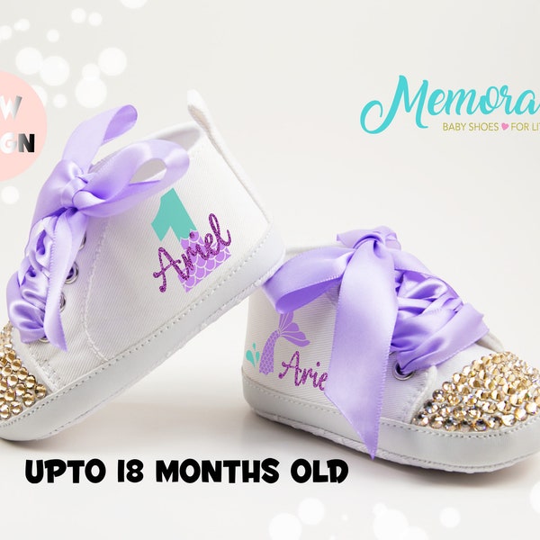 Mermaid First Birthday Shoes, Up To 18 Months Old, Gold and Purple First Birthday Shoes