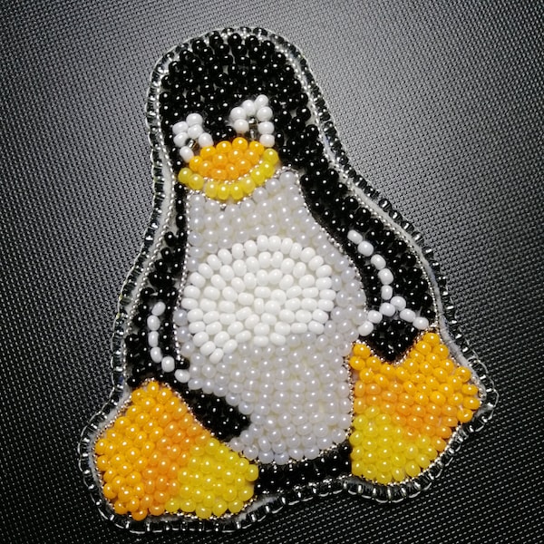 Penguin Tux -  bead embroidery brooch, clothes decor, brooch pin, Linux symbol