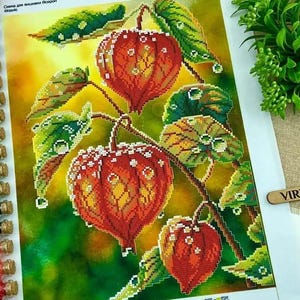 Könnte beinhalten: Ein fertiges Perlenstickerei-Projekt mit leuchtend roten und gelben Lampionfrüchten und grünen Blättern. Das Kunstwerk wird auf einer weißen Oberfläche präsentiert, mit einer Sammlung kleiner Glasflaschen, die mit bunten Perlen gefüllt sind, auf der linken Seite.