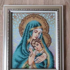 Finished embroidery Madonna with Child, Beadwork Our Lady with child icon embroidery beads,