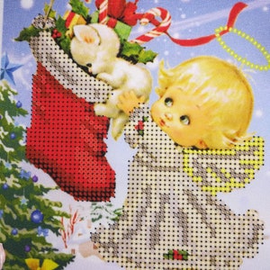 Bead embroidery kit Christmas Angel needlepoint fabric and beads Little angel embroidery Christmas gift under 20 dollars