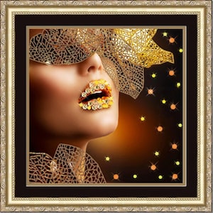 Beads embroidery kit Girl and gold, Needlepoint kit Shine of your lips, embroidery picture Woman