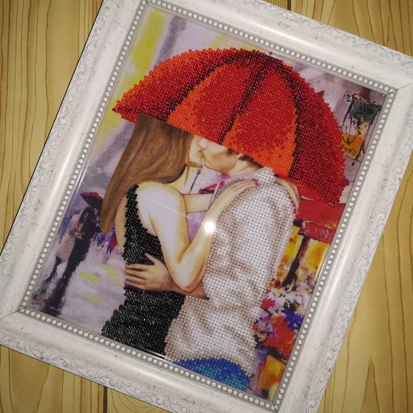 Lovers Couple under an umbrella Completed embroidery picture Red umbrella Finished painting gift for Valentine's day Wedding gift