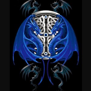 May include: A graphic illustration featuring two large, vibrant blue dragons with textured scales facing each other, flanking a central silver circular emblem with intricate knotwork and three small blue circular accents against a black background.