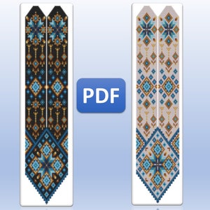 May include: Two beaded patterns, one in black and gold with blue accents, the other in white and gold with blue accents. Both patterns feature geometric shapes and a star design. The patterns are labeled "PDF".