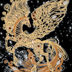 Bead embroidery kit Gold Pegasus, beadwork Fantasy world, embroidered painting, needlepoint kit ready to ship