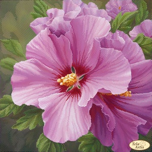 May include: A detailed image of a pink hibiscus flower with a red centre and yellow stamens. The petals have a dotted pattern, with green leaves visible. The artwork is in a mosaic style.
