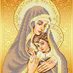 May include: A beaded cross-stitch pattern of the Virgin Mary holding a baby Jesus. The pattern is on a gold background with a decorative border.