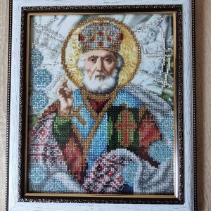 icono de abalorios de San Nicolás, icono bordado con cuentas de San Nicolás bordado terminado listo para enviar
