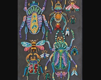 May include: A close-up of a beaded art piece depicting various insects, including beetles, butterflies, and flies. The insects are made of colorful beads and are arranged in a symmetrical pattern on a black background.