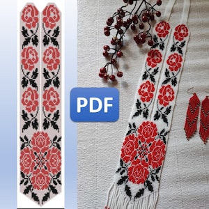 May include: A set of beaded jewelry featuring a long necklace and earrings. The necklace is white with black and red bead patterns of roses. The earrings are red and black with a similar pattern. The image includes the word "PDF".