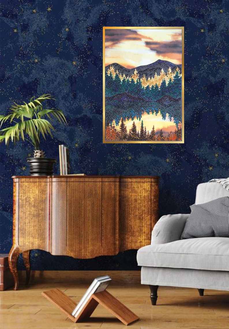 Bead Embroidery Kit Near the Lake, Landscape, Needlepoint Kit Mountain