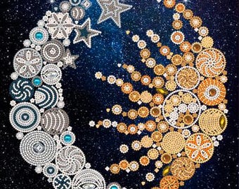 May include: A circular mosaic artwork featuring a crescent moon on the left in shades of blue, silver, and white, and a sun on the right in shades of gold, orange, and yellow, all set against a dark blue starry night sky background.