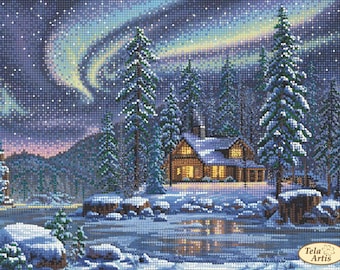 May include: A diamond painting kit featuring a winter landscape with a log cabin, snow-covered pine trees, and a frozen lake under a vibrant aurora borealis. The scene includes a small logo in the bottom right corner with the text Tela Artis.