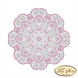 May include: A circular mandala pattern composed of small, individual beads in shades of pink and white. The design features a symmetrical, floral-inspired arrangement with radiating petals and intricate dot-work, with the text Tela Artis below.