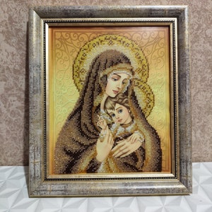 Virgen con el Niño Bordado terminado, Abalorios Nuestra Señora con el niño icono bordado cuentas,