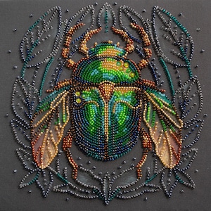 May include: A green, blue, and gold jeweled beetle with wings, beaded on a gray canvas background.