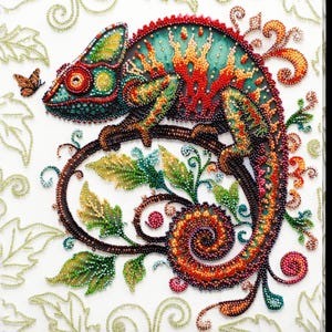 May include: A colorful chameleon made of beads is perched on a beaded branch with green leaves. The chameleon has a red, orange, yellow, green, and blue color scheme. A small butterfly is flying near the chameleon's head.