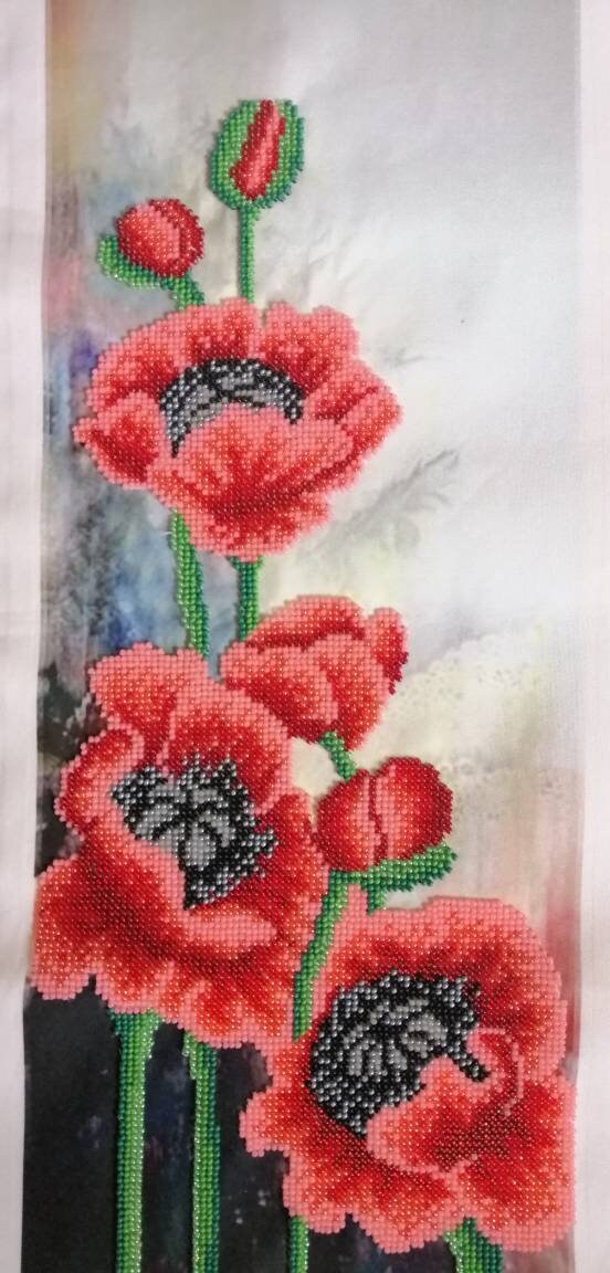 完成した刺繍の絵 赤いケシの花 ギリシャのモチーフ 壁飾り 母の日