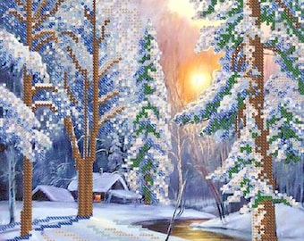 May include: A diamond painting kit featuring a winter landscape with snow-covered pine trees, a small cabin with a glowing window, and a flowing river reflecting the golden light of a setting sun, rendered in a pixelated grid pattern.