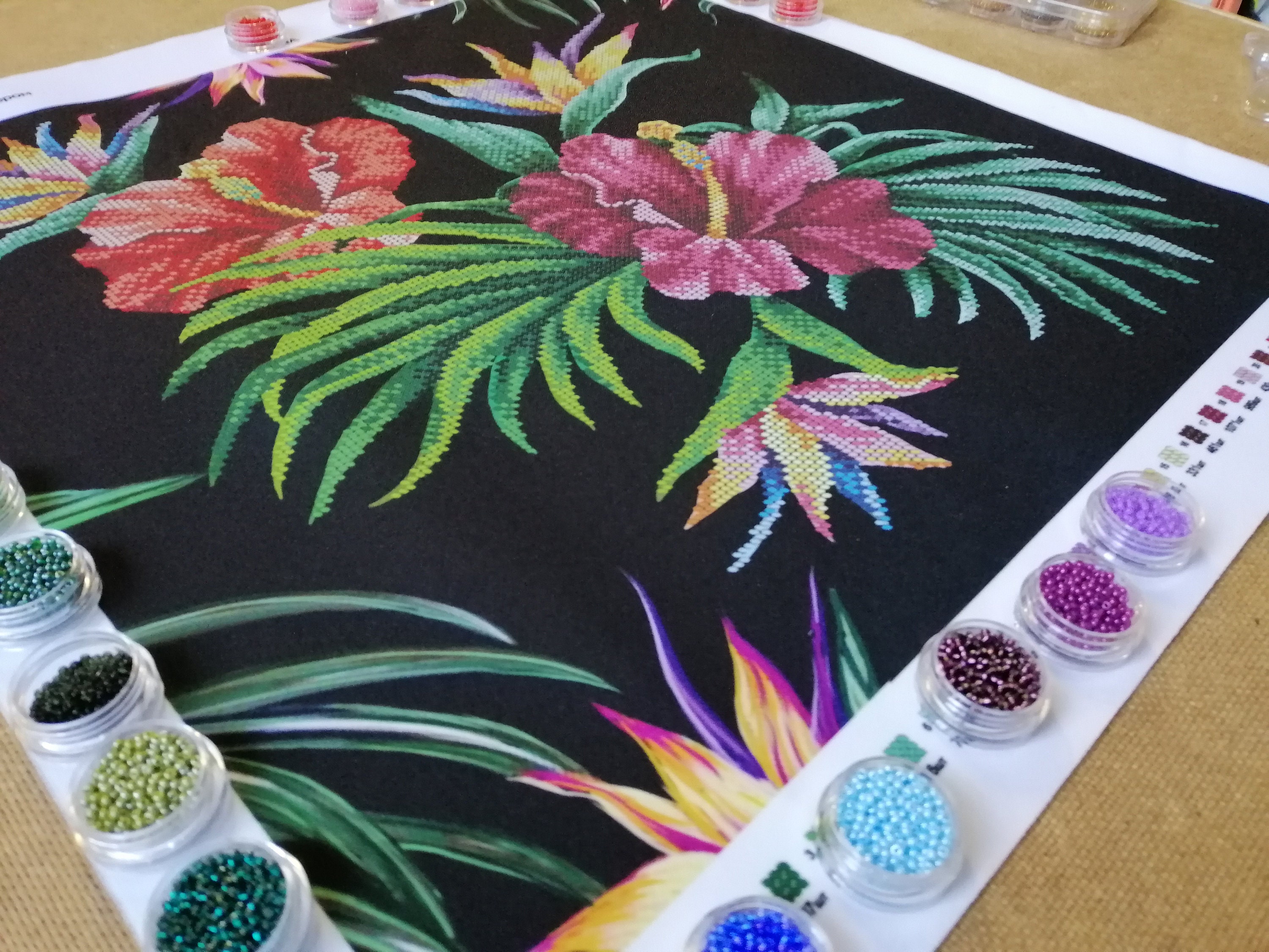 Bead Embroidery Kit Jungle Flowers Needlepoint Kit Bright Flowers