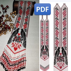 May include: A beaded necklace pattern featuring two black birds with red hearts and white flowers. The pattern is on a white background with red, black, and white beads. The pattern is available as a PDF download.
