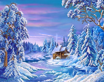 May include: A diamond painting kit featuring a winter landscape with a wooden cabin nestled among snow-covered pine trees and a frozen stream. The scene includes a vibrant purple and blue twilight sky, textured snow, and detailed tree branches.