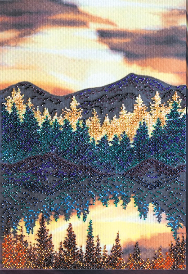 Bead Embroidery Kit Near the Lake, Landscape, Needlepoint Kit Mountain