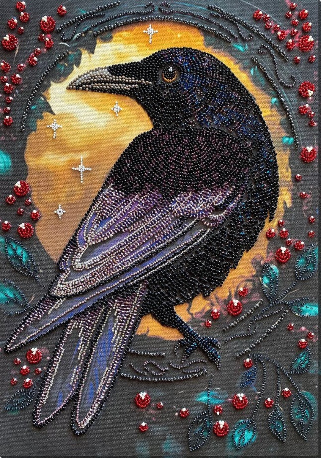 Bead Embroidery Kit Black Crow, Needlepoint Kit Black Raven