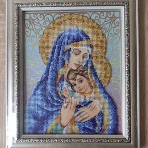 Bordado terminado Virgen con el Niño, Abalorios Nuestra Señora con el niño icono bordado cuentas,
