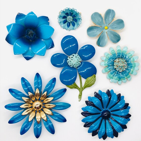 Flower Pins, Vintage 1960s, Prussian Blue - image 6