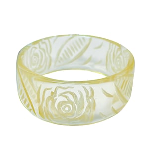 Champagne Clear Flower and Leaf Carved Resin Bangle Bracelet