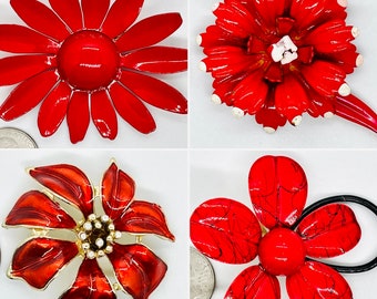 Red Flower Pins, c. 1960s, one is c. 1980s