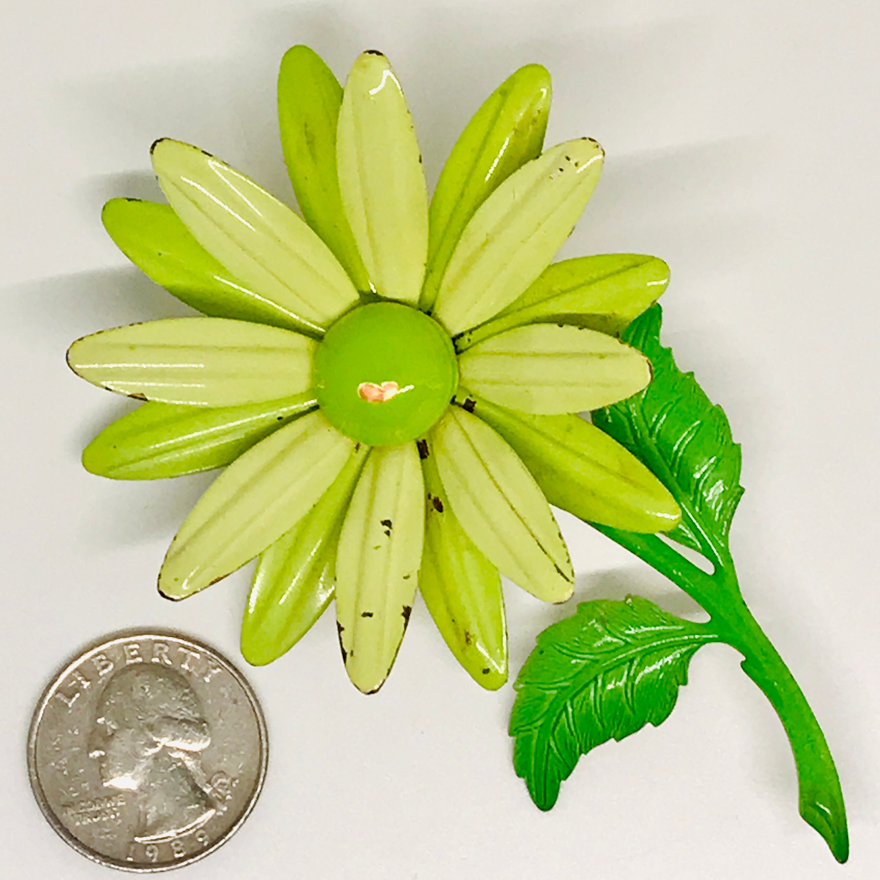Vintage Enamel Flower Brooch, Green Enamel Flower Pin, Green